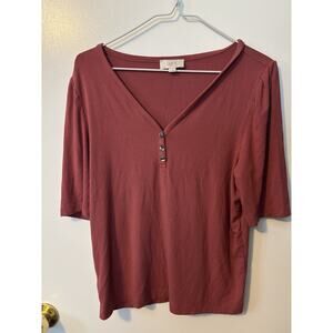 LOFT Burgundy Women’s Ribbed Henley Tee Size Large Short Sleeve